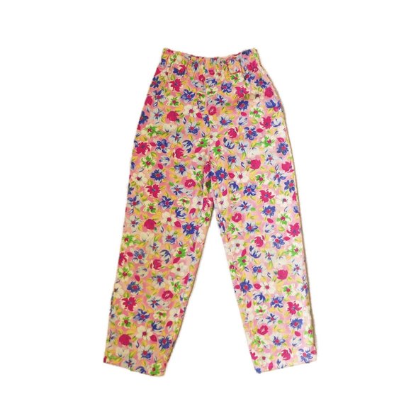 Vintage Pink Floral Pull On Pants Girly Retro Elastic Waist Cotton High Rise - Picture 7 of 8